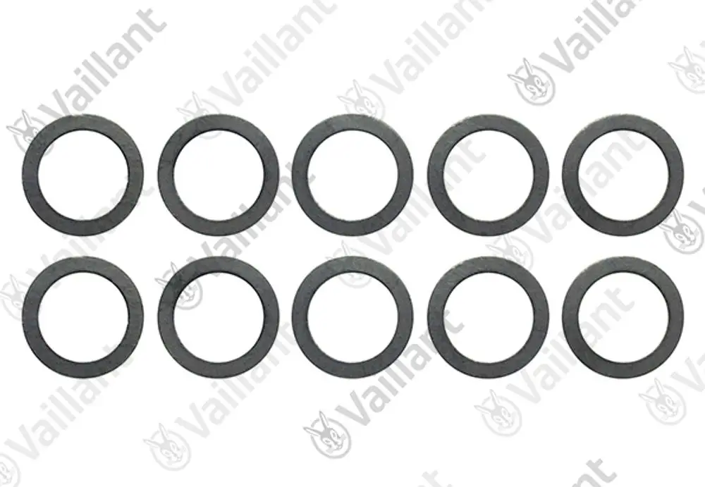 Zehn schwarze Dichtungsringe auf weißem Hintergrund, mit dem Logo der Marke Vaillant im Hintergrund.